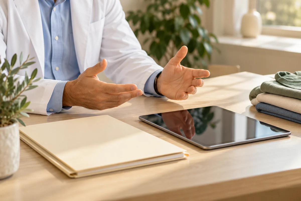 A clinician discussing a treatment plan beside a blank tablet and folded clothing