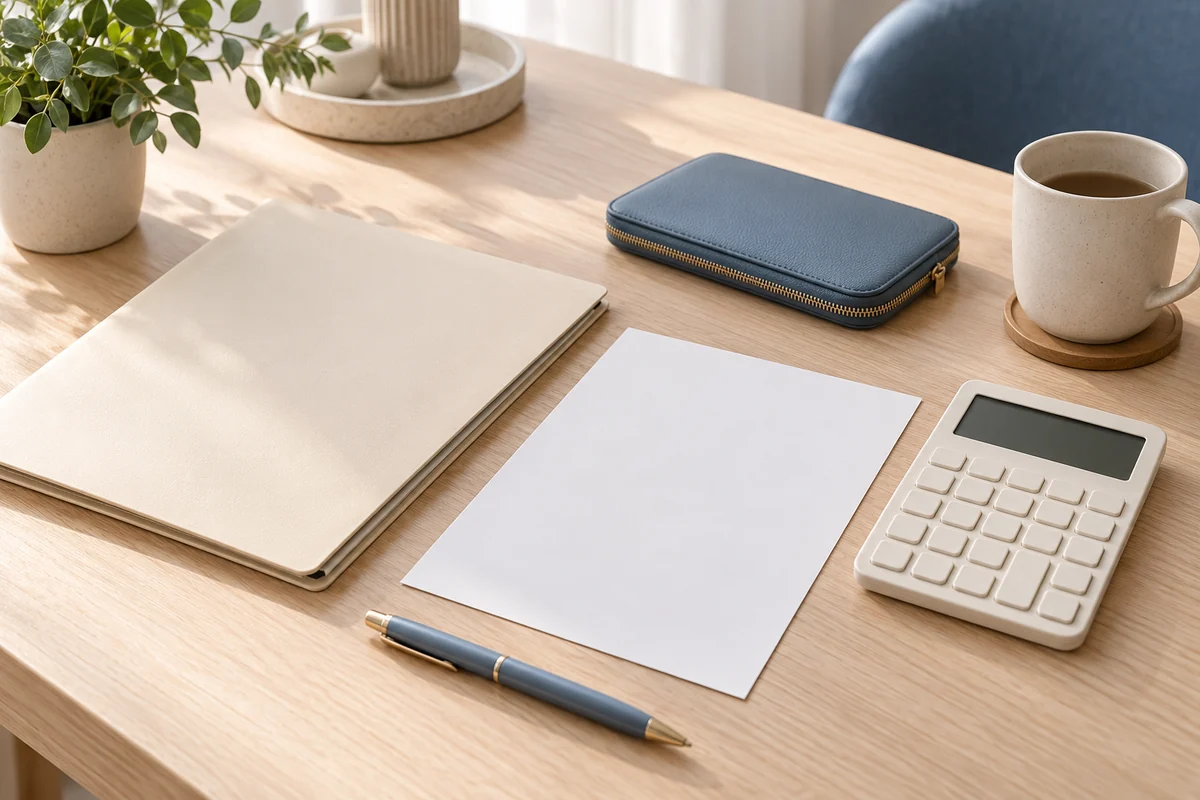An unmarked folder, travel wallet and calculator arranged for planning treatment expenses