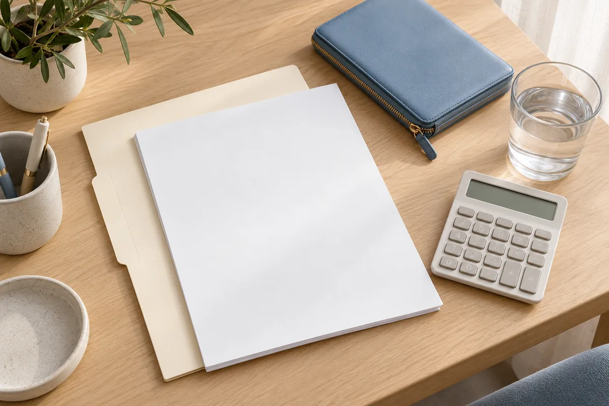 A blank folder, travel wallet and unmarked calculator arranged for planning treatment expenses