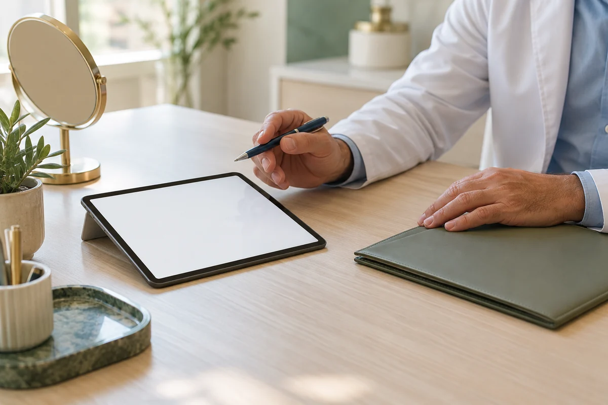 A clinician discussing treatment areas beside a blank tablet and unmarked folder