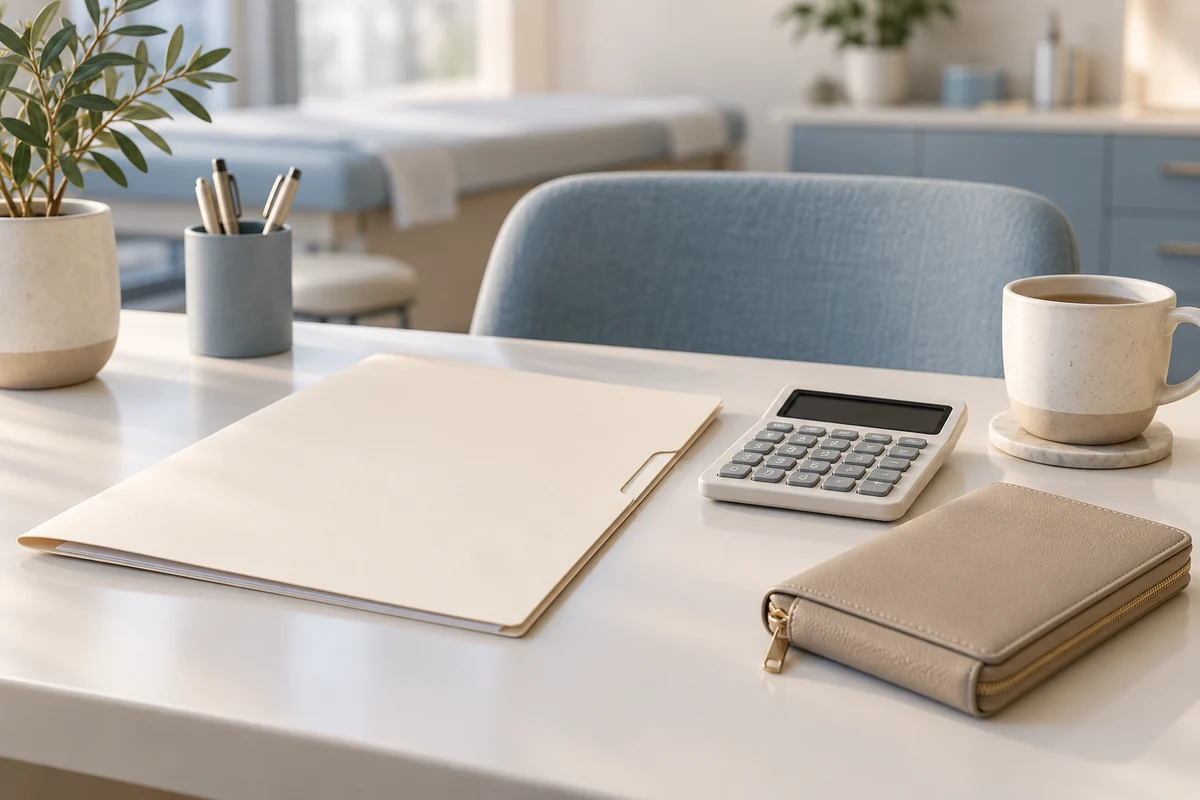 A blank folder and travel wallet on a consultation desk for planning treatment expenses