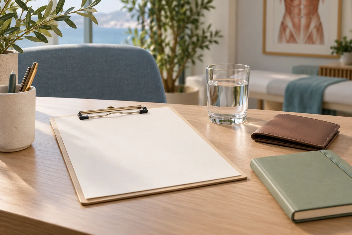 A blank quotation sheet, wallet and notebook arranged for surgery budget planning