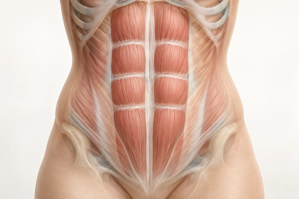 Simplified anatomical illustration of the paired abdominal muscles and their central separation