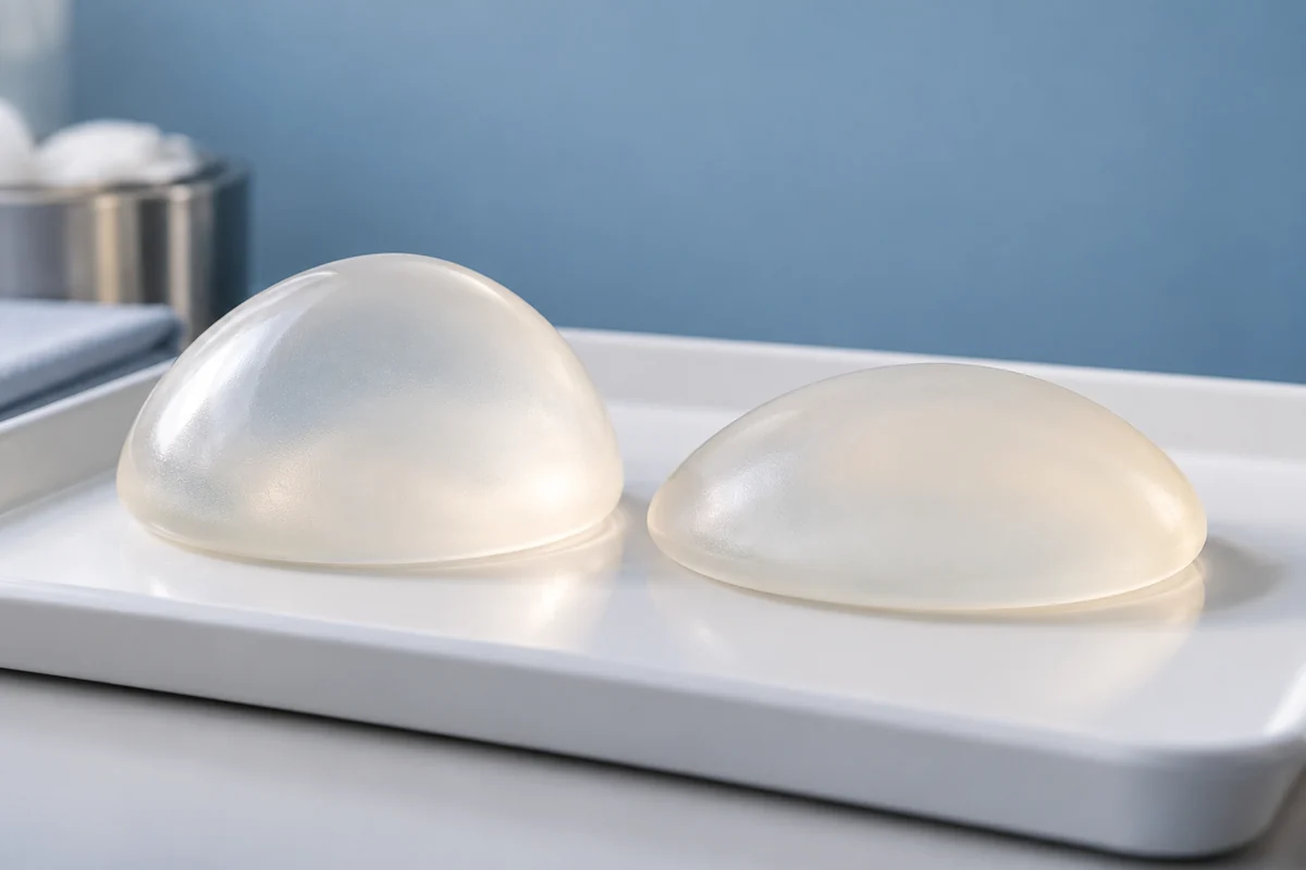 Two unbranded translucent breast implant demonstration models with different profiles on a clean tray