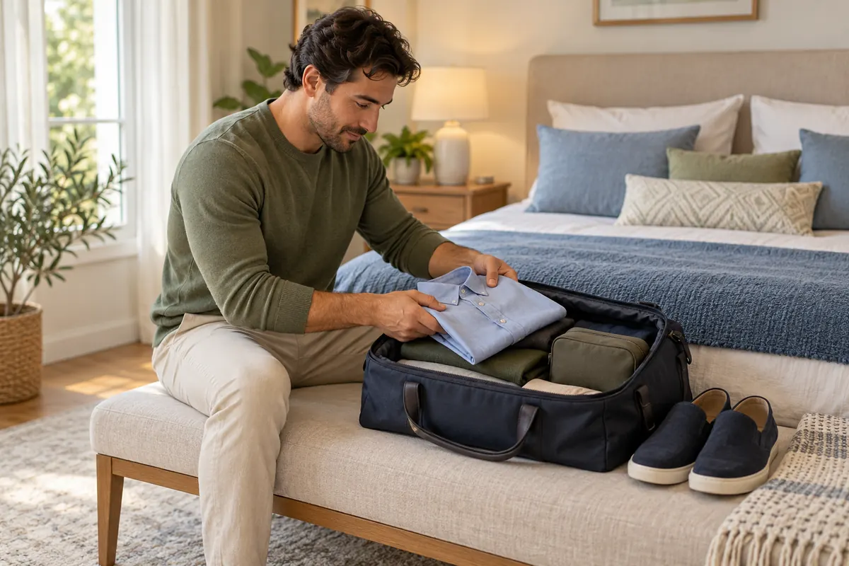 A man packing loose clothing and shoes before a planned medical stay