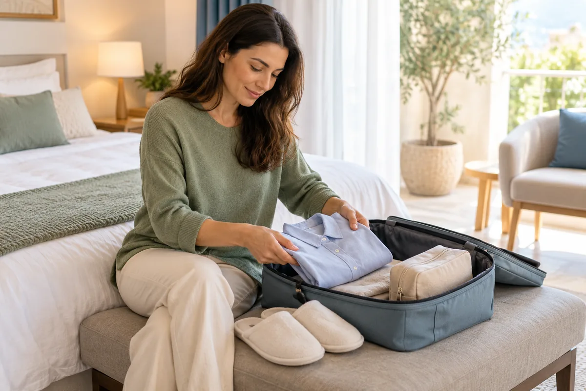 A woman packing loose clothing and slippers for a planned hospital stay