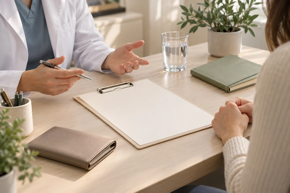 A blank quotation clipboard, notebook and wallet on a consultation desk