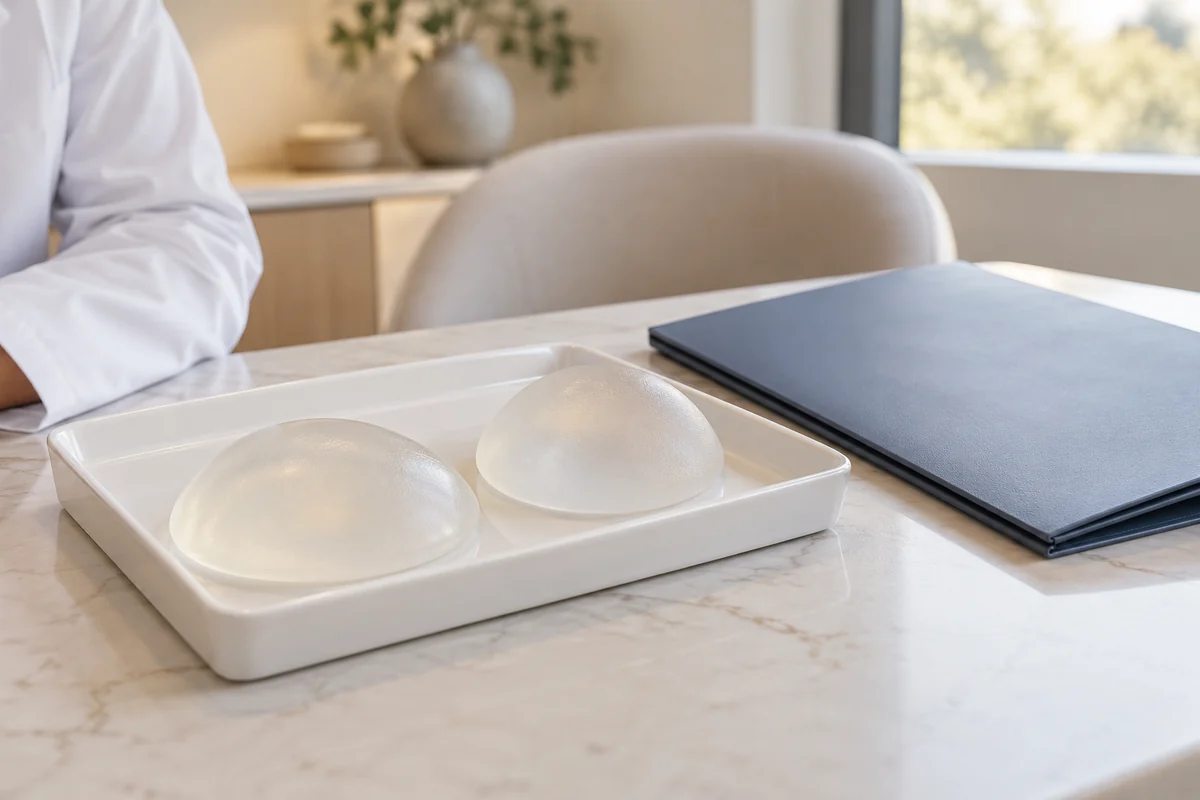 Two unbranded translucent implant demonstration models beside a closed plain folder