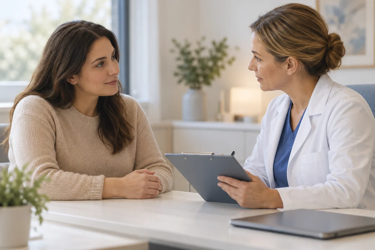A fully clothed patient speaking with a clinician during a preoperative assessment