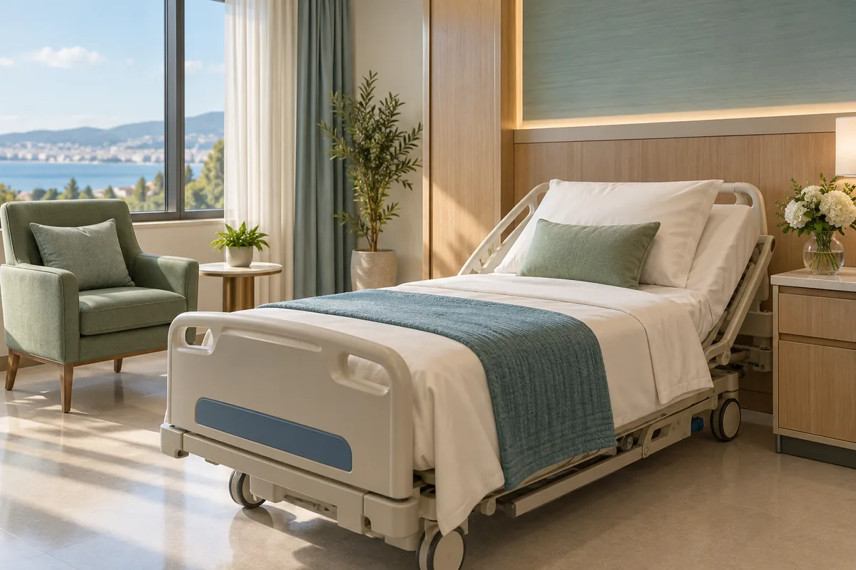 A clean unoccupied hospital recovery room with a companion chair
