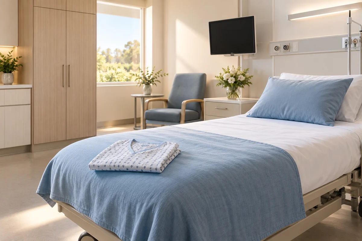 A quiet unoccupied hospital preparation room with a made bed and folded gown