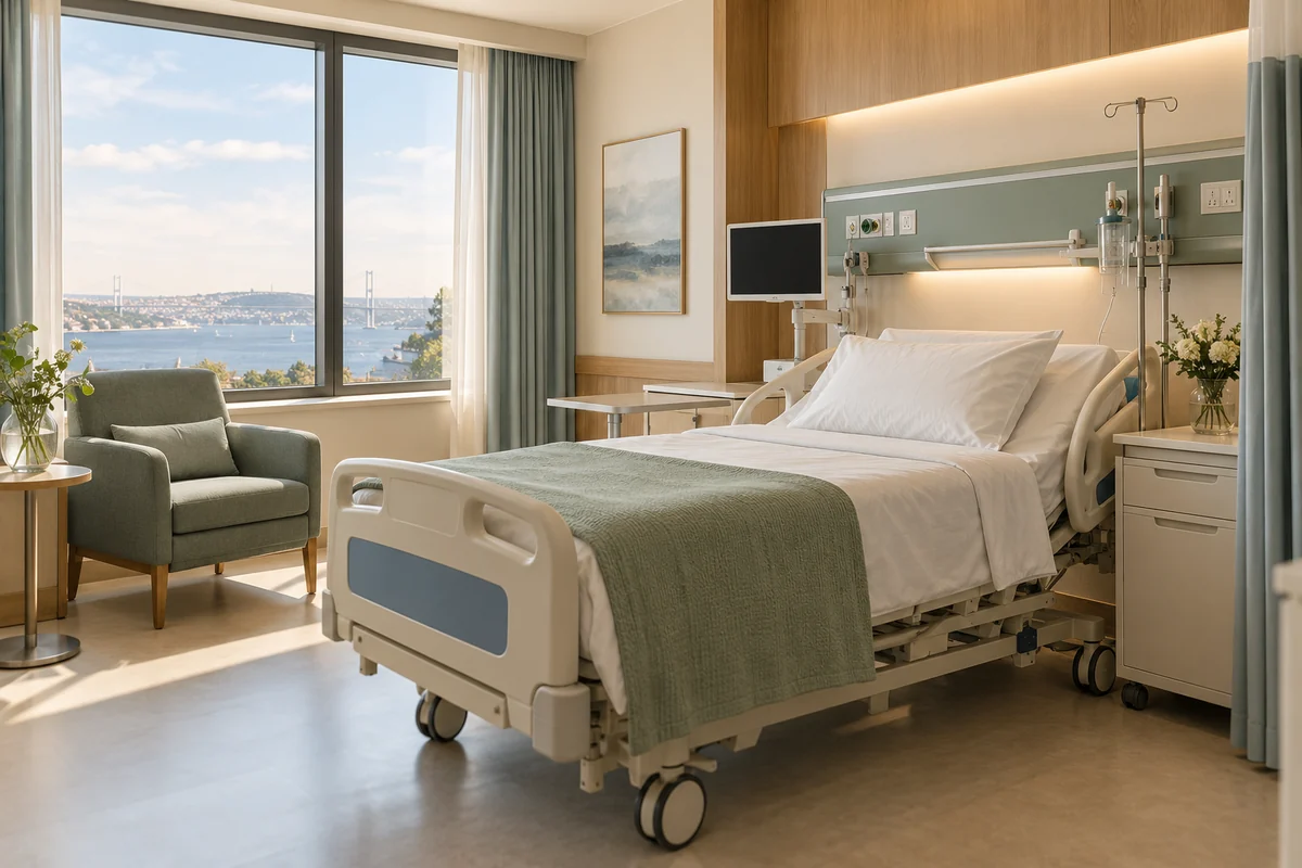 Prepared private hospital recovery room with a bed and companion chair