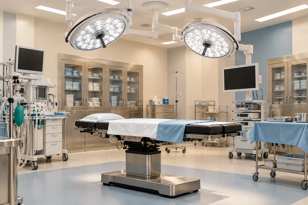 An empty generic operating theatre with an operating table and overhead lights
