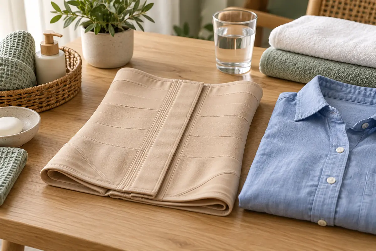 An unmarked abdominal compression garment and loose shirt arranged with clean towels