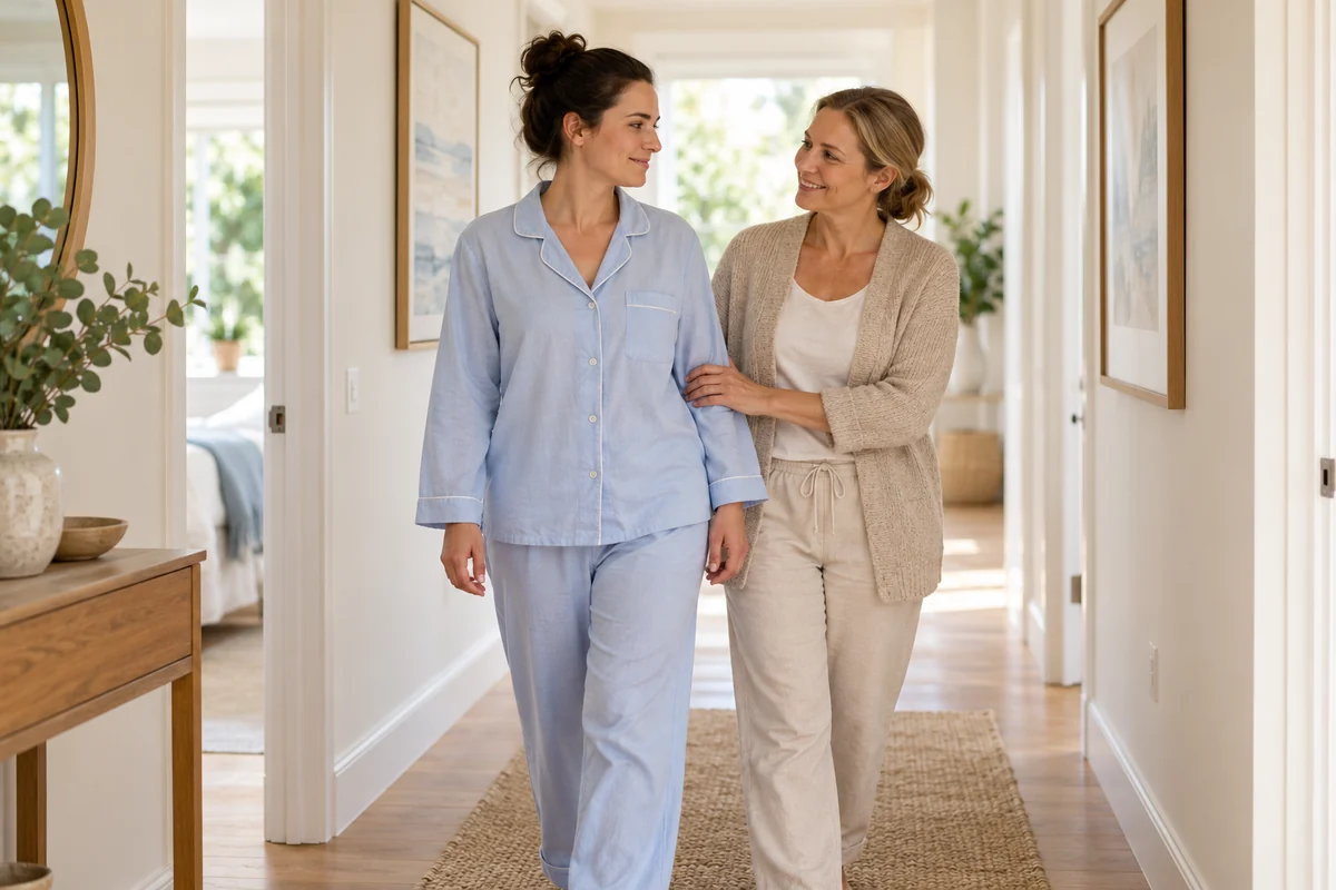 A woman in loose button-front clothing taking a gentle indoor walk with a companion