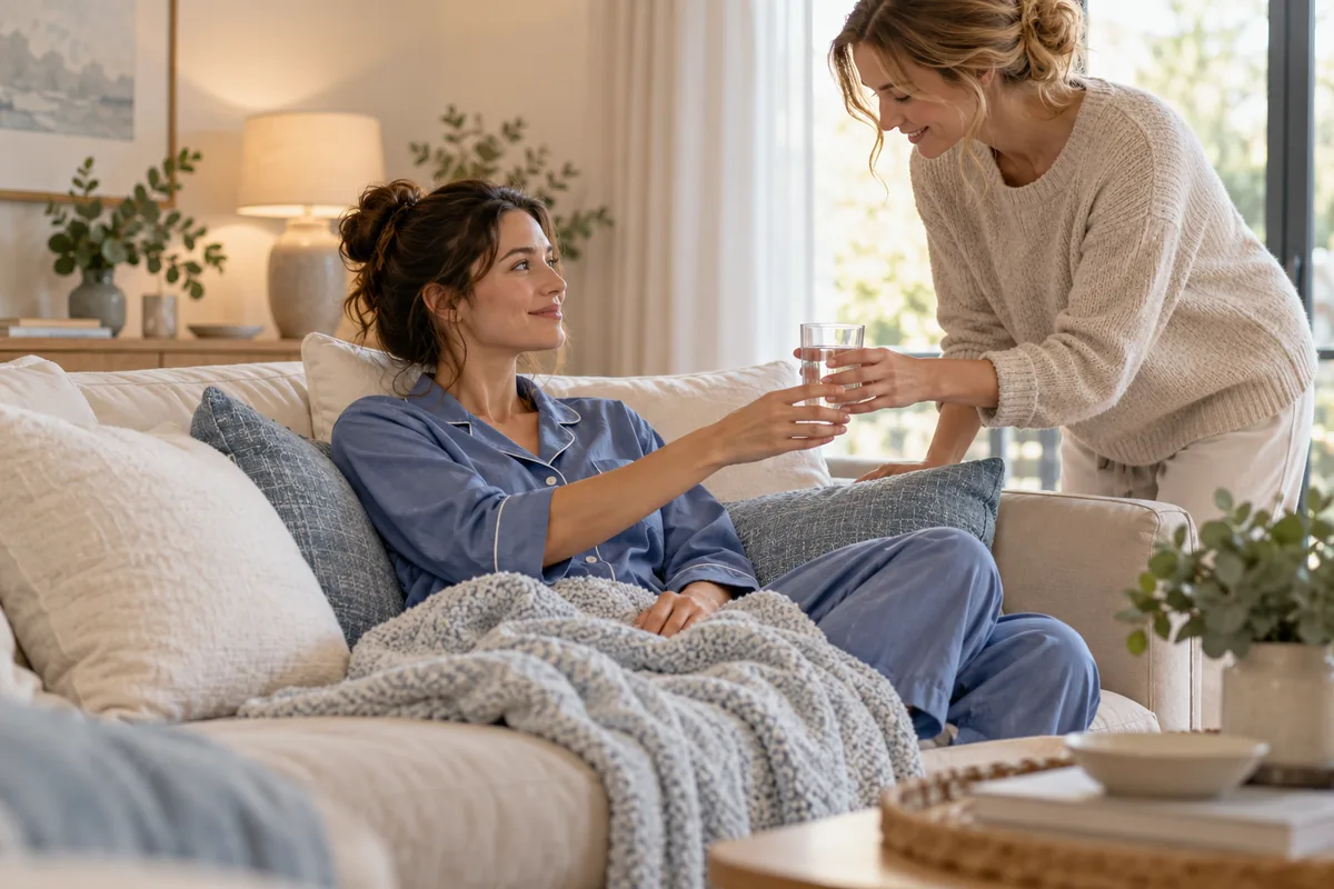 A woman in loose button-front pyjamas resting upright with pillows while a companion brings water