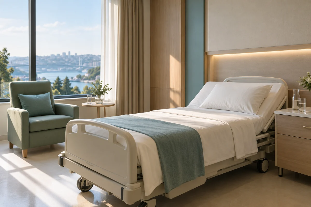 An empty recovery room with an adjustable hospital bed and companion chair