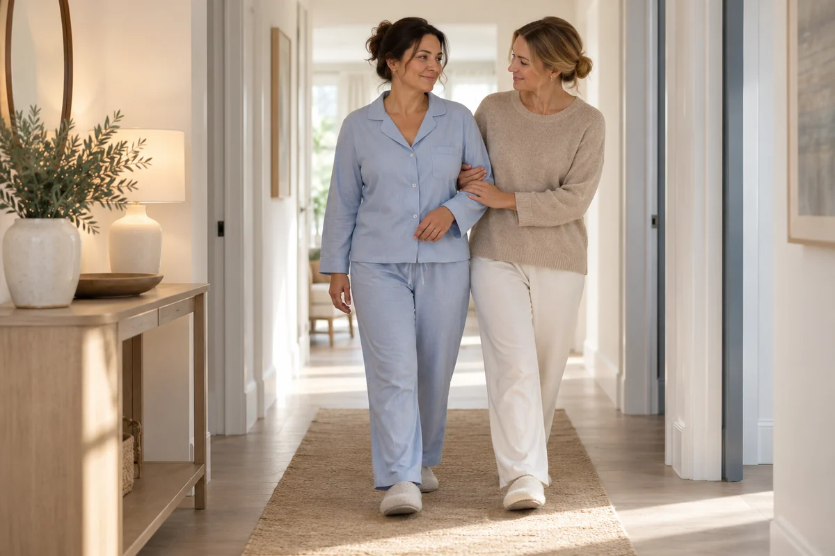 A woman in loose clothing taking a gentle walk indoors with a companion