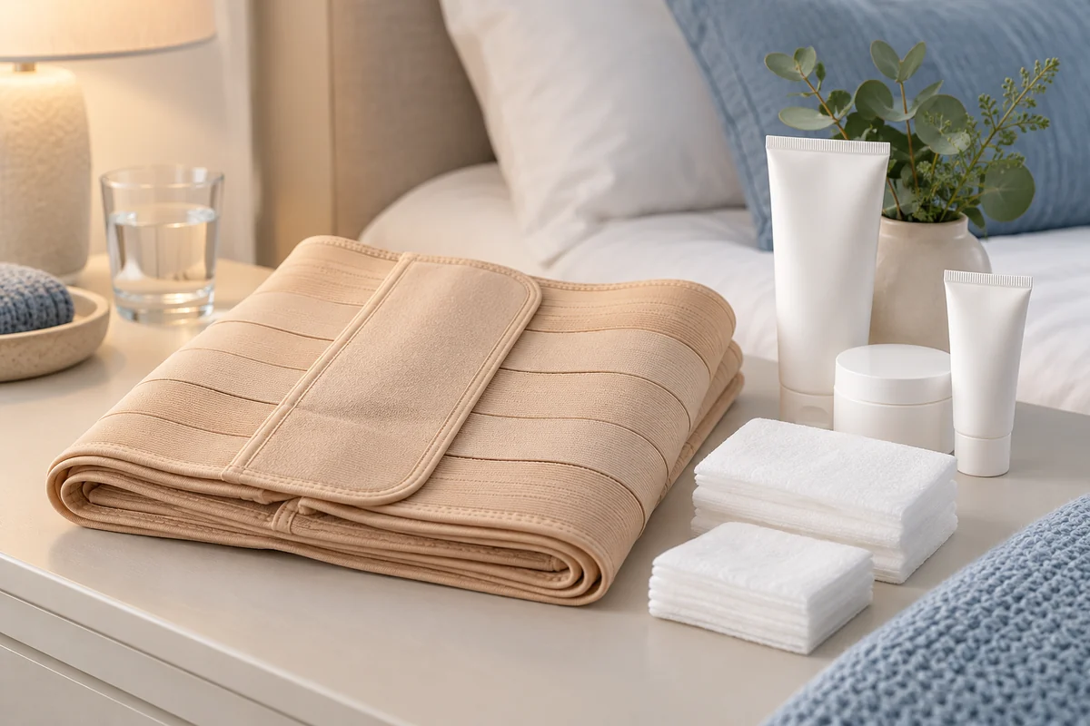 A folded abdominal compression garment beside plain dressings and unbranded care products