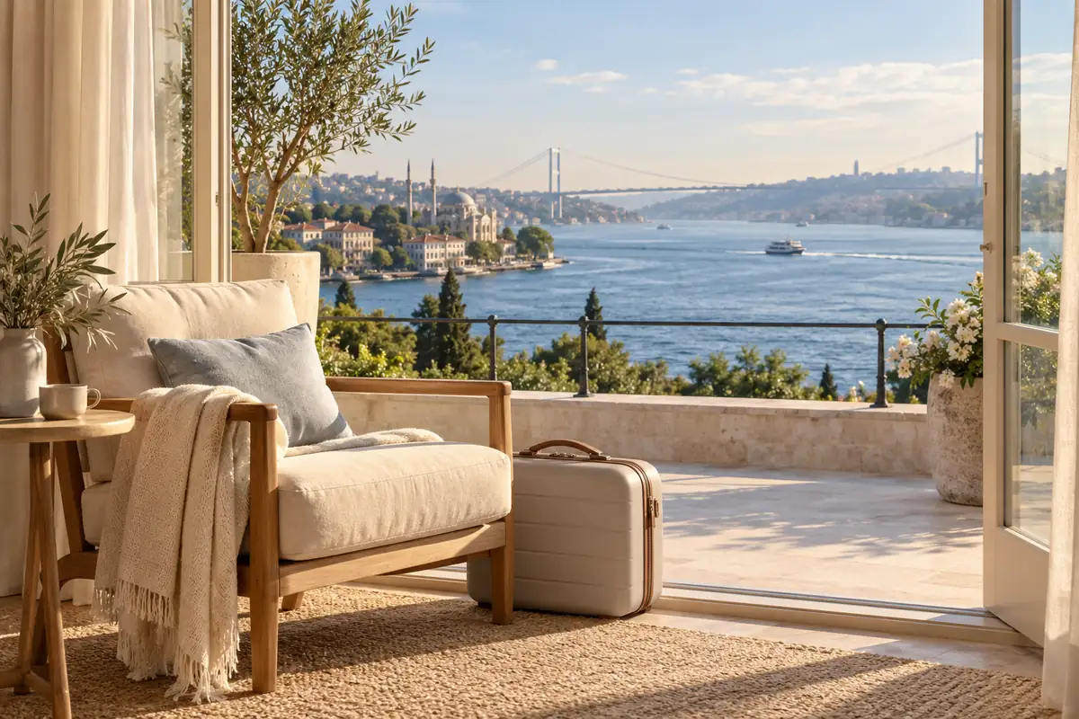 A peaceful Bosphorus view beside an empty armchair and closed travel case