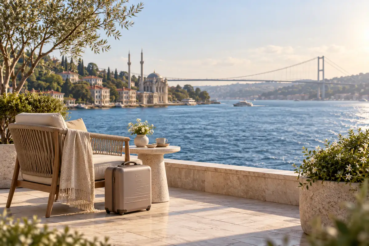 A quiet Bosphorus view with a closed travel case beside an empty terrace chair