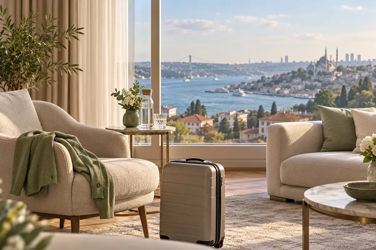 Quiet Istanbul accommodation with luggage and a Bosphorus view