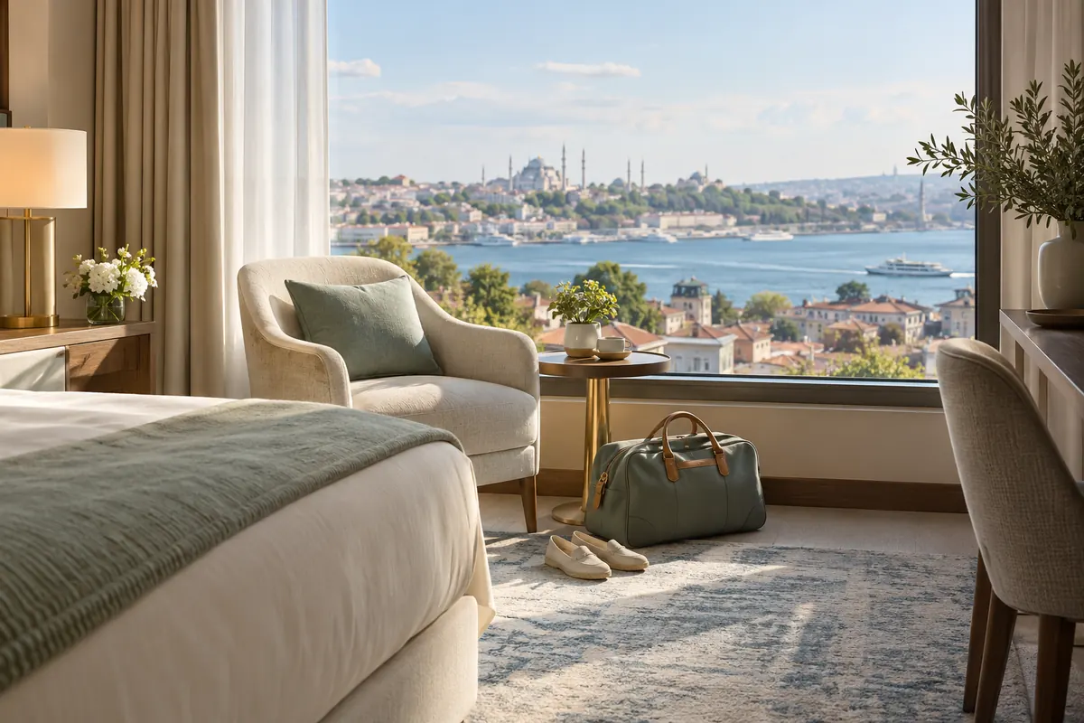 A quiet Istanbul accommodation room with comfortable seating and a Bosphorus view