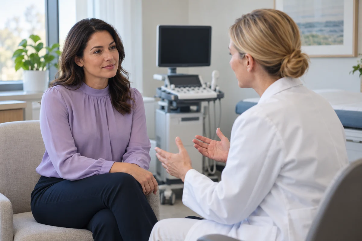 Fully clothed woman discussing breast imaging with a clinician beside an unused ultrasound cart
