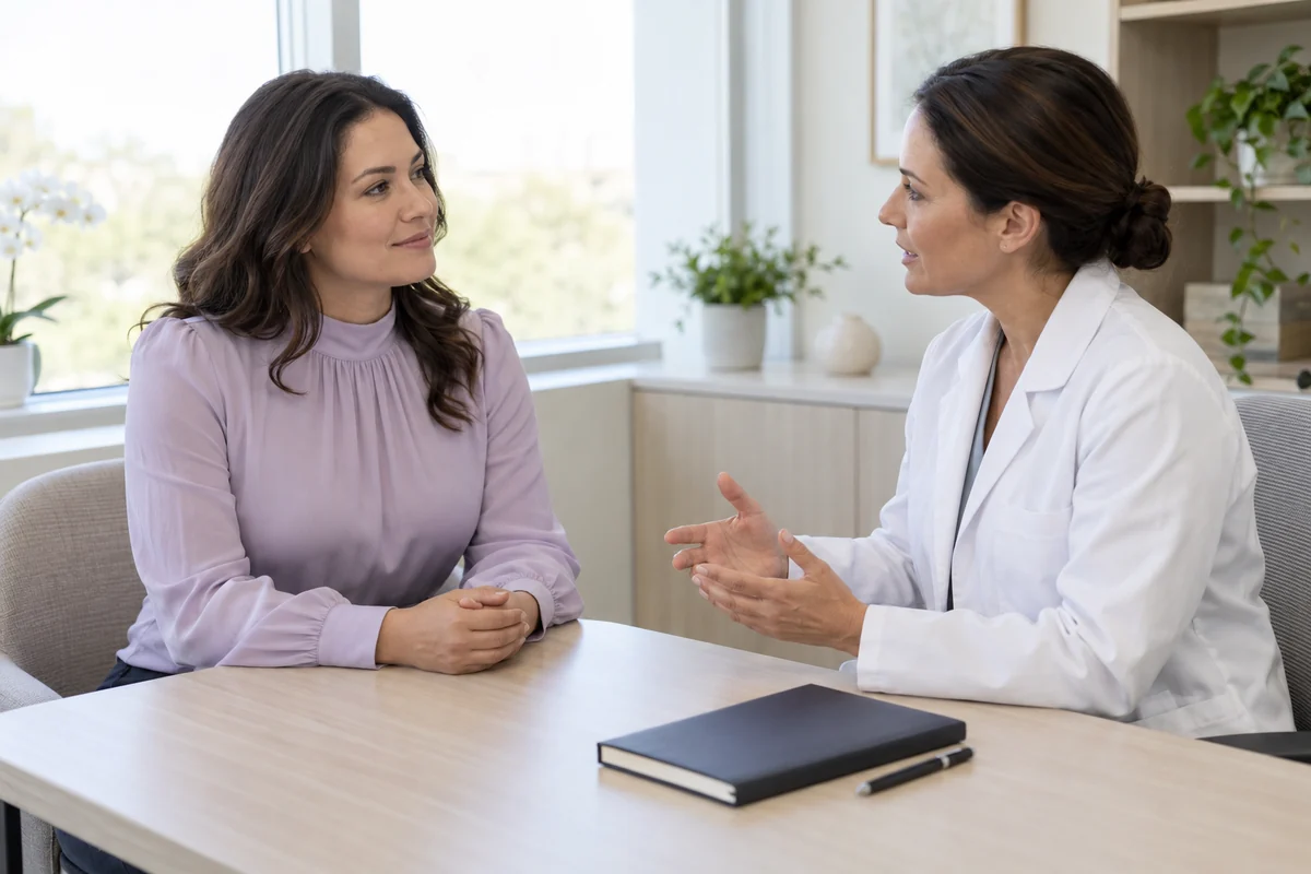 Woman discussing breast fat-transfer recovery with a clinician