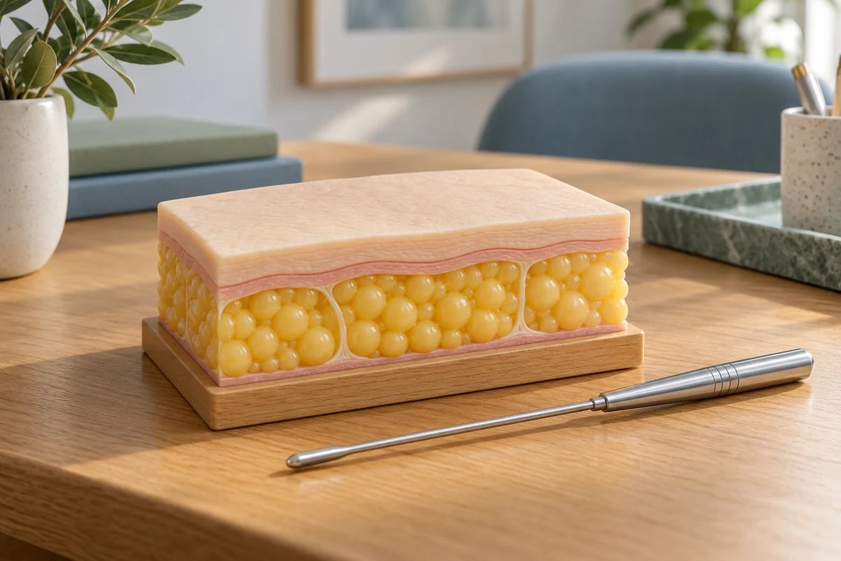 Simplified teaching model of skin and subcutaneous fat beside an unbranded demonstration probe