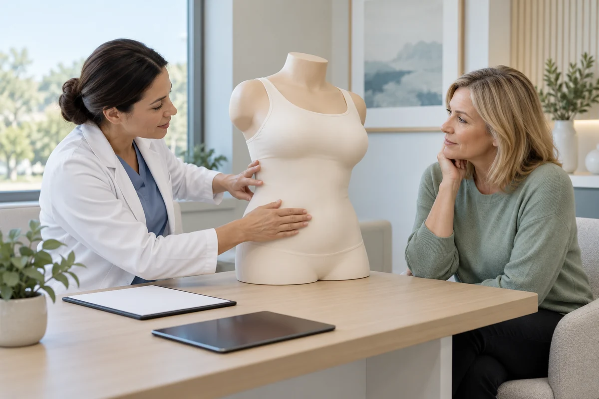 Clinician using a clothed torso teaching model to discuss fat removal and skin quality