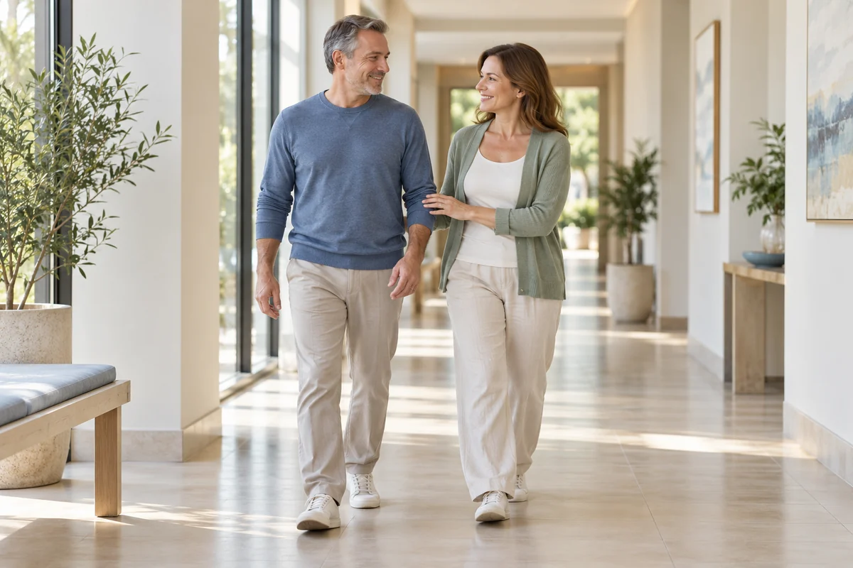 Adult taking a gentle indoor walk beside a companion during recovery